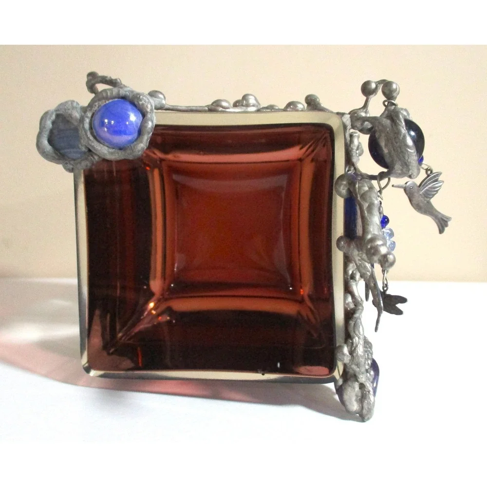 Art Glass Fairy Votive Holder Pewter Metal Moon Amethyst Hummingbird Whimsical